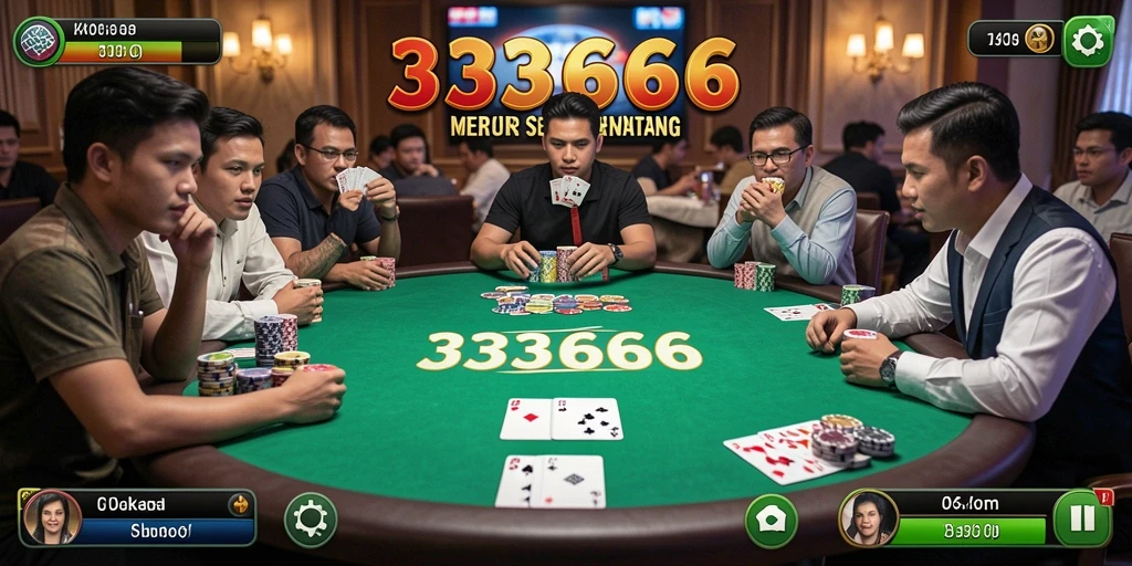 Screenshot gameplay Poker di aplikasi 333666 dengan tampilan meja permainan.