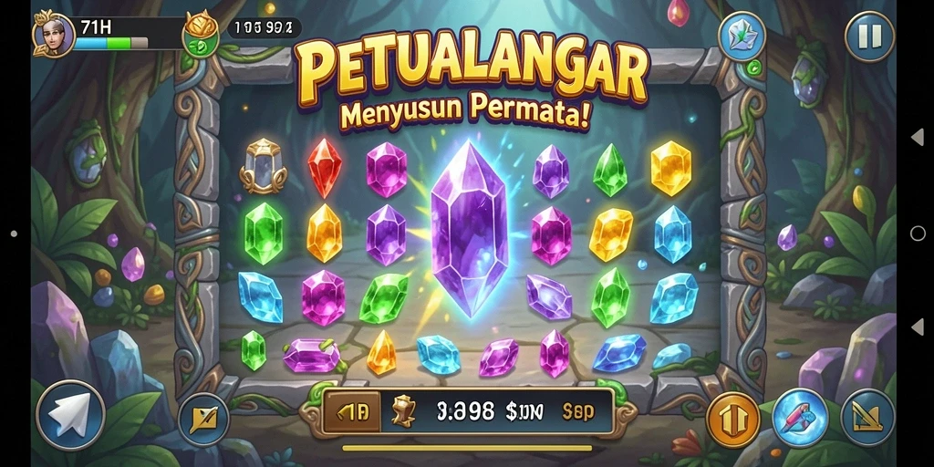 Tangkapan layar gameplay 71H menampilkan aksi seru dalam menyusun permata.