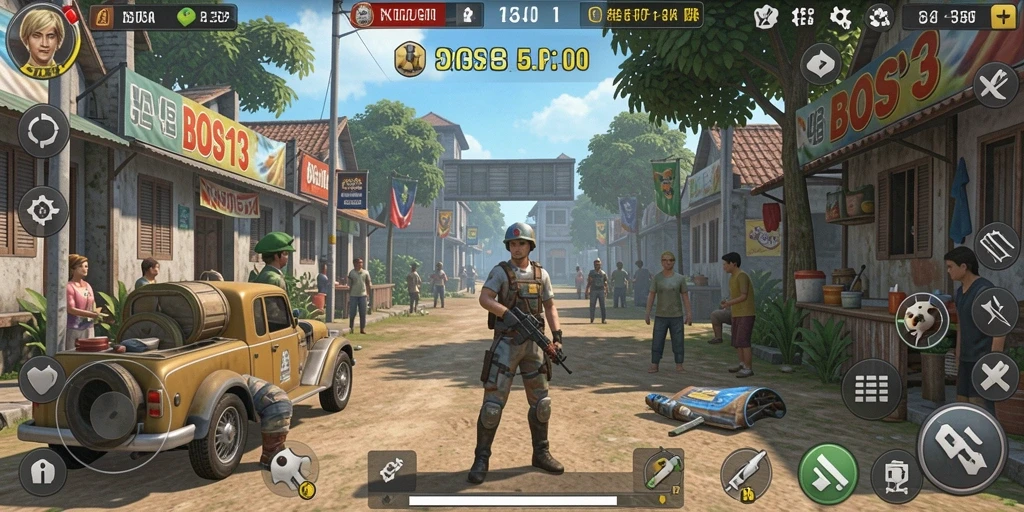 Screenshot gameplay BOS13 menampilkan interaksi karakter dan lingkungan yang dinamis.