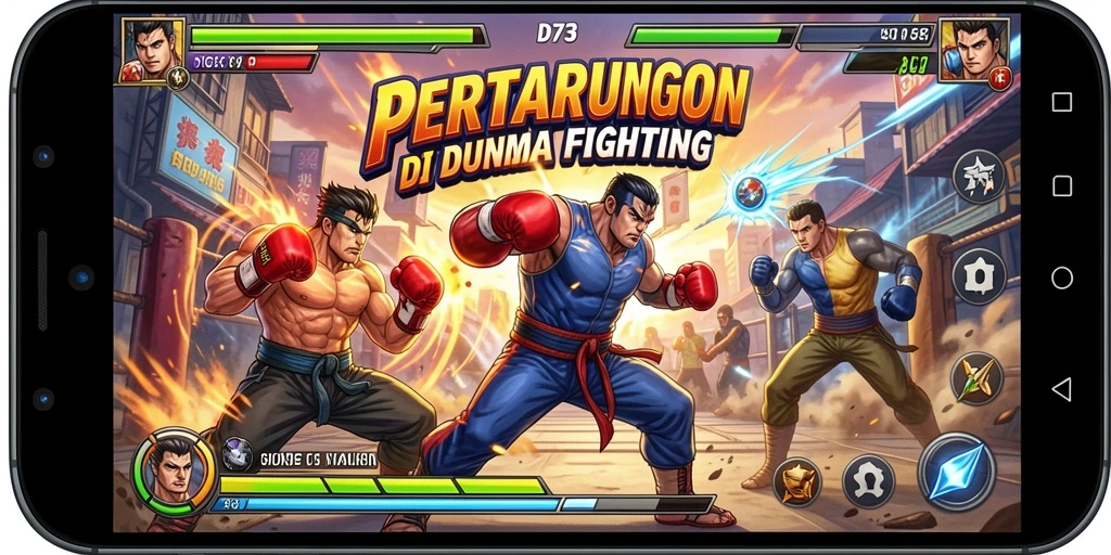 Screenshot gameplay D73 menampilkan karakter dalam pertarungan dinamis.