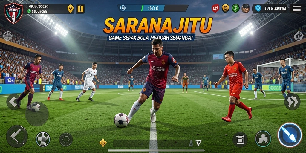 Tampilan utama gameplay SARANAJITU dengan aksi sepak bola yang intens.